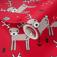 Adorable woodland reindeer and arrows christmas illustration kids pattern design in soft winter red