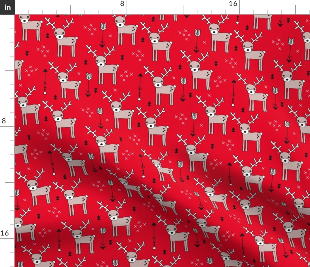 Adorable woodland reindeer and arrows christmas illustration kids pattern design in soft winter red