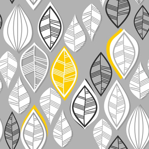 white retro leaves with yellow touch vertical on gray