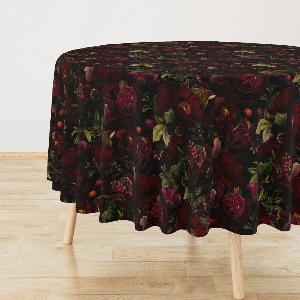 Vintage Summer Romanticism: Maximalism Moody Florals - Antiqued burgundy Roses and Nostalgic Gothic Mystic Night 2- Antique Botany Wallpaper and Victorian Goth Mystic inspired black for powder room 