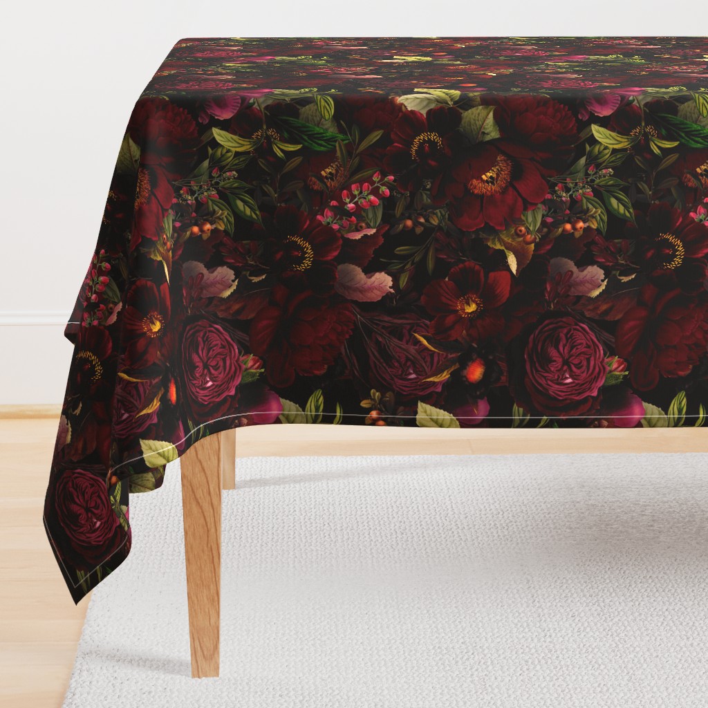 Vintage Summer Romanticism: Maximalism Moody Florals - Antiqued burgundy Roses and Nostalgic Gothic Mystic Night 2- Antique Botany Wallpaper and Victorian Goth Mystic inspired black for powder room 