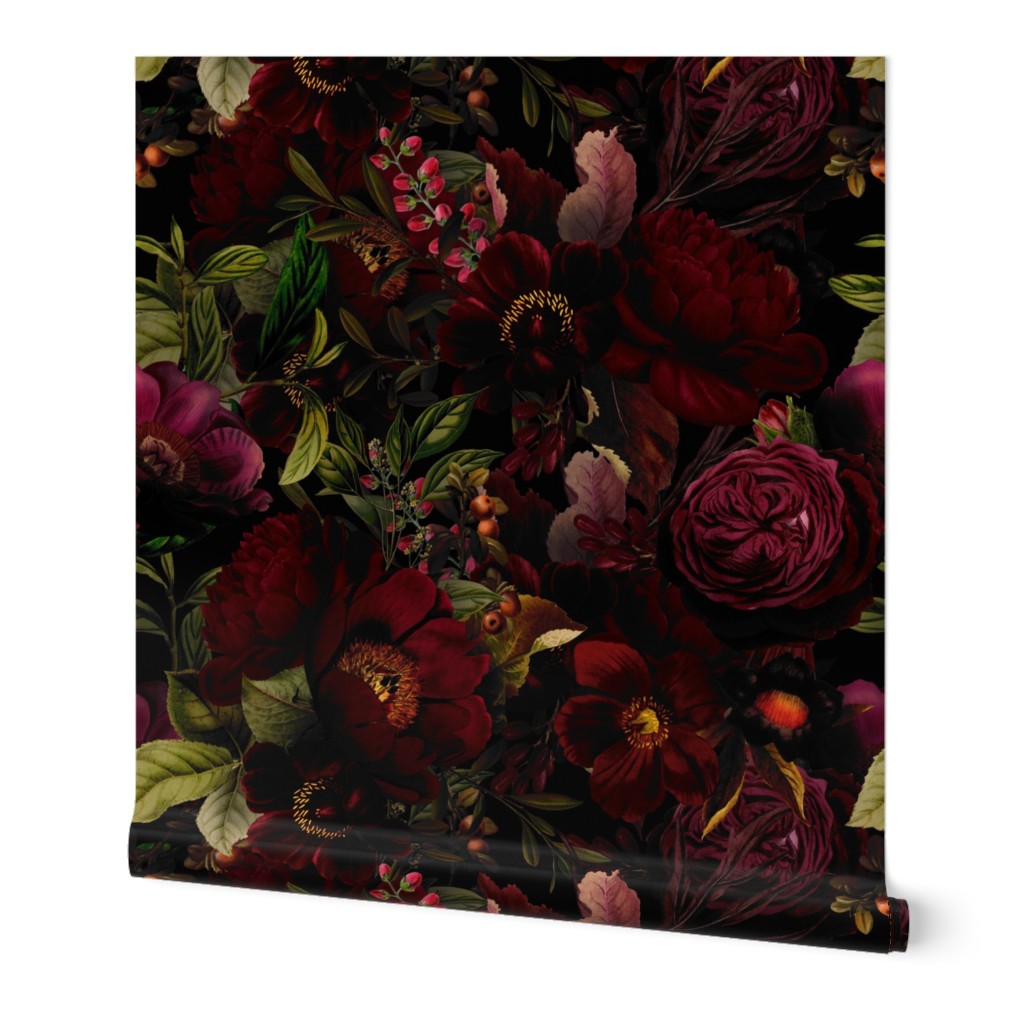 Vintage Summer Romanticism: Maximalism Moody Florals - Antiqued burgundy Roses and Nostalgic Gothic Mystic Night 2- Antique Botany Wallpaper and Victorian Goth Mystic inspired black for powder room 