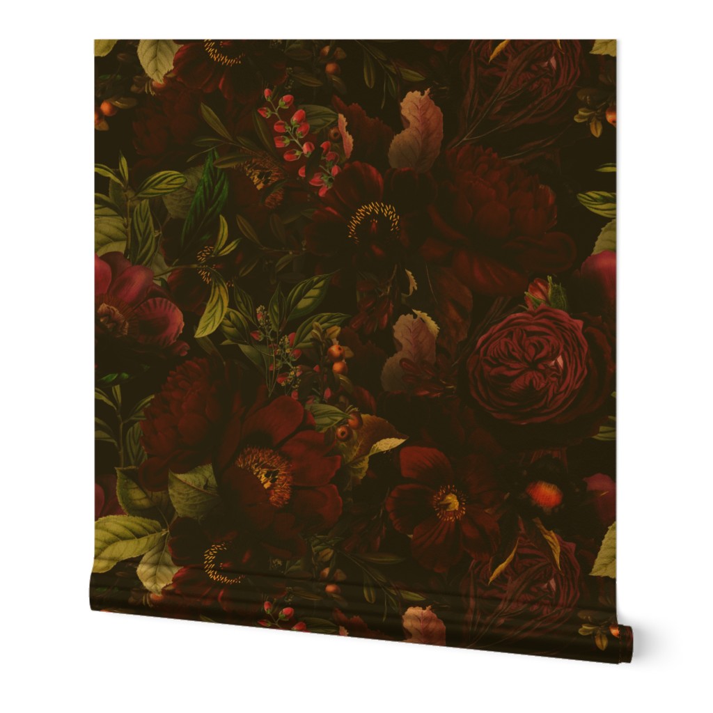 Vintage Summer Romanticism: Maximalism Moody Florals - Antiqued burgundy Roses and Nostalgic Gothic Mystic Night 2- Antique Botany Wallpaper and Victorian Goth Mystic inspired black for powder room 