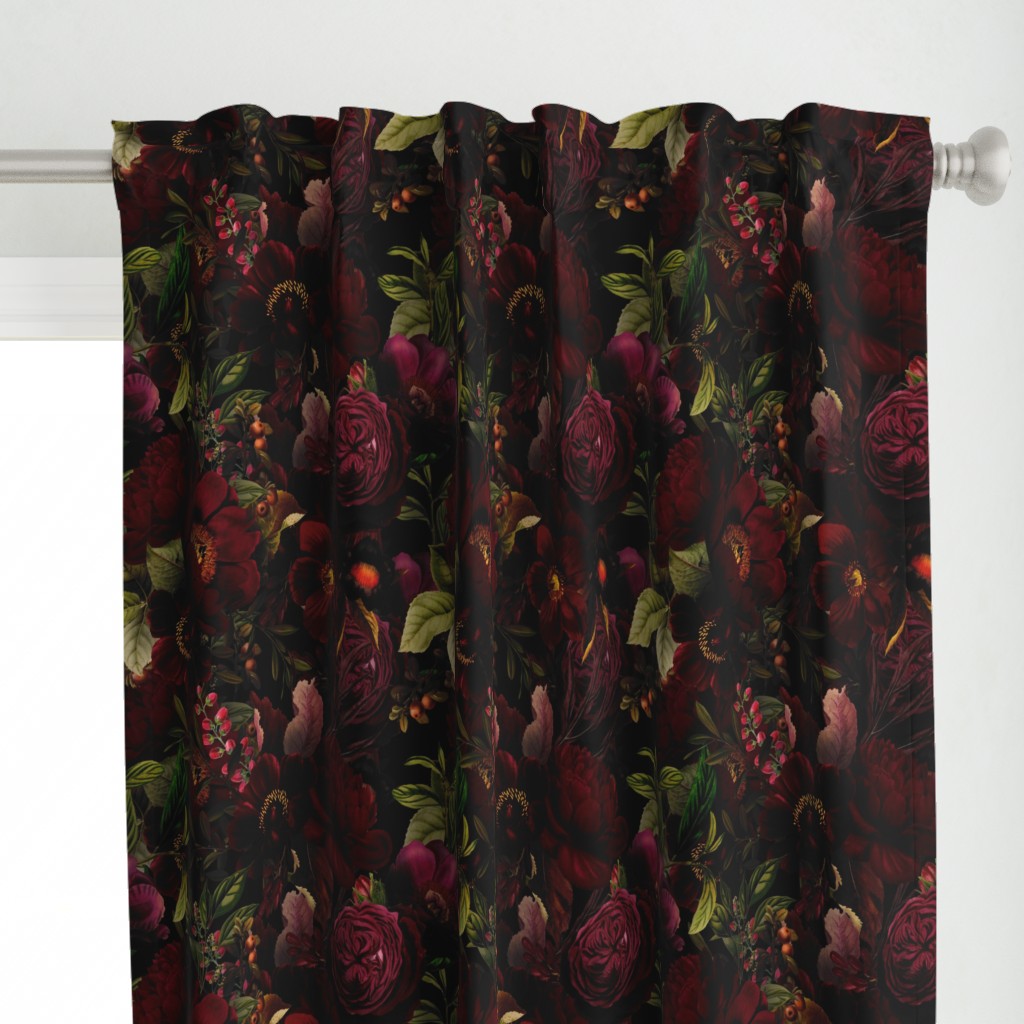 Vintage Summer Romanticism: Maximalism Moody Florals - Antiqued burgundy Roses and Nostalgic Gothic Mystic Night 2- Antique Botany Wallpaper and Victorian Goth Mystic inspired black for powder room 