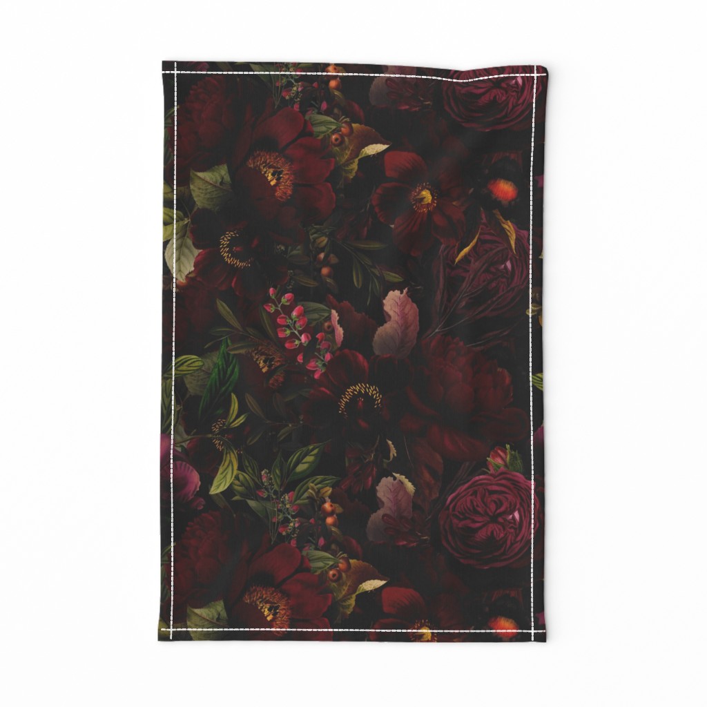 Vintage Summer Romanticism: Maximalism Moody Florals - Antiqued burgundy Roses and Nostalgic Gothic Mystic Night 2- Antique Botany Wallpaper and Victorian Goth Mystic inspired black for powder room 