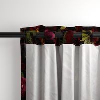 Vintage Summer Romanticism: Maximalism Moody Florals - Antiqued burgundy Roses and Nostalgic Gothic Mystic Night 2- Antique Botany Wallpaper and Victorian Goth Mystic inspired black for powder room 