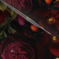 Vintage Summer Romanticism: Maximalism Moody Florals - Antiqued burgundy Roses and Nostalgic Gothic Mystic Night 2- Antique Botany Wallpaper and Victorian Goth Mystic inspired black for powder room 