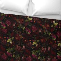 Vintage Summer Romanticism: Maximalism Moody Florals - Antiqued burgundy Roses and Nostalgic Gothic Mystic Night 2- Antique Botany Wallpaper and Victorian Goth Mystic inspired black for powder room 