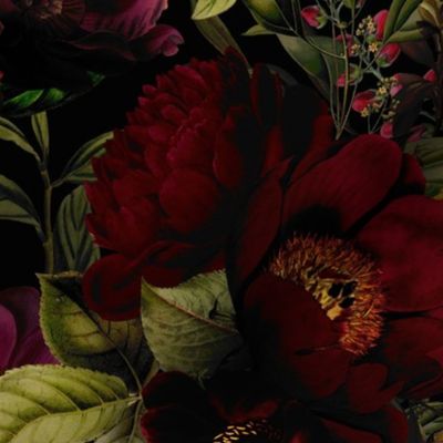 18"  Moody Floral by UtART - Vintage summer antiqued dark moody wallpaper and  home decor, antique botany wallpaper,dark roses fabric, vintage Nostalgic fabric Mystic Night 2 tea towel 