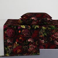 Vintage Summer Romanticism: Maximalism Moody Florals - Antiqued burgundy Roses and Nostalgic Gothic Mystic Night 2- Antique Botany Wallpaper and Victorian Goth Mystic inspired black for powder room 