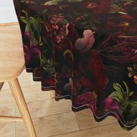 Vintage Summer Romanticism: Maximalism Moody Florals - Antiqued burgundy Roses and Nostalgic Gothic Mystic Night 2- Antique Botany Wallpaper and Victorian Goth Mystic inspired black for powder room 