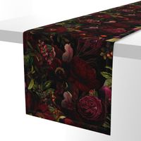 Vintage Summer Romanticism: Maximalism Moody Florals - Antiqued burgundy Roses and Nostalgic Gothic Mystic Night 2- Antique Botany Wallpaper and Victorian Goth Mystic inspired black for powder room 