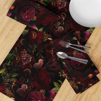 Vintage Summer Romanticism: Maximalism Moody Florals - Antiqued burgundy Roses and Nostalgic Gothic Mystic Night 2- Antique Botany Wallpaper and Victorian Goth Mystic inspired black for powder room 