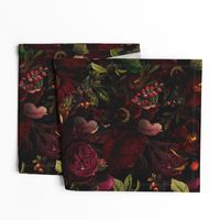 Vintage Summer Romanticism: Maximalism Moody Florals - Antiqued burgundy Roses and Nostalgic Gothic Mystic Night 2- Antique Botany Wallpaper and Victorian Goth Mystic inspired black for powder room 