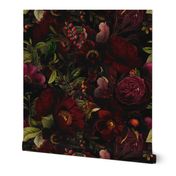 Vintage Summer Romanticism: Maximalism Moody Florals - Antiqued burgundy Roses and Nostalgic Gothic Mystic Night 2- Antique Botany Wallpaper and Victorian Goth Mystic inspired black for powder room 