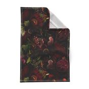 Vintage Summer Romanticism: Maximalism Moody Florals - Antiqued burgundy Roses and Nostalgic Gothic Mystic Night 2- Antique Botany Wallpaper and Victorian Goth Mystic inspired black for powder room 