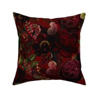 Vintage Summer Night Romanticism: Maximalism Moody Burgundy Florals - Antiqued Roses and Nostalgic - Gothic Mystic Night-  Antique Botany Wallpaper and Victorian Goth Mystic inspired - burgundy background