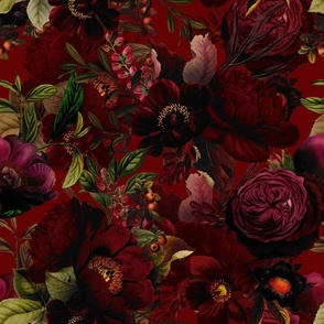 Vintage Summer Night Romanticism: Maximalism Moody Burgundy Florals - Antiqued Roses and Nostalgic - Gothic Mystic Night-  Antique Botany Wallpaper and Victorian Goth Mystic inspired - burgundy background