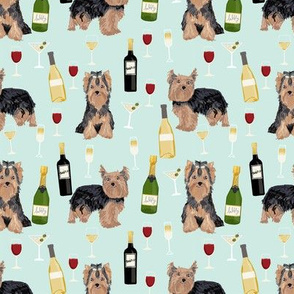 yorkshire terrier wine fabric, yorkie fabric, yorkie dog fabric, wine fabric, dogs fabric, dog breeds fabric -  light mint
