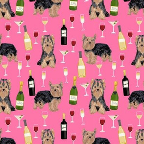 yorkshire terrier wine fabric, yorkie fabric, yorkie dog fabric, wine fabric, dogs fabric, dog breeds fabric -  pink