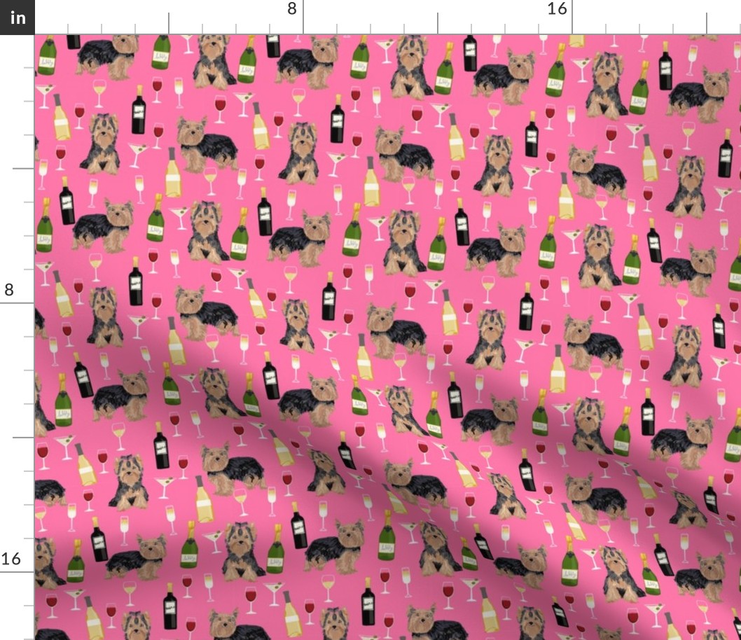 yorkshire terrier wine fabric, yorkie fabric, yorkie dog fabric, wine fabric, dogs fabric, dog breeds fabric -  pink
