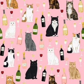 cat wine fabric - cat fabric, cats fabric, cat lady fabric, wine fabric, wine and champagne fabric - pink