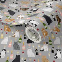 cat wine fabric - cat fabric, cats fabric, cat lady fabric, wine fabric, wine and champagne fabric - grey