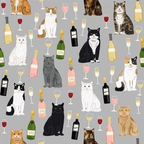 cat wine fabric - cat fabric, cats fabric, cat lady fabric, wine fabric, wine and champagne fabric - grey