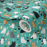 cat wine fabric - cat fabric, cats fabric, cat lady fabric, wine fabric, wine and champagne fabric - teal