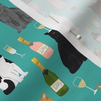 cat wine fabric - cat fabric, cats fabric, cat lady fabric, wine fabric, wine and champagne fabric - teal