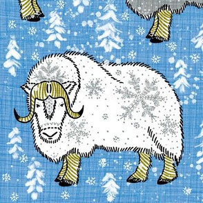 Wintery Grey-White Musk-Oxen on Pantone boy-blue