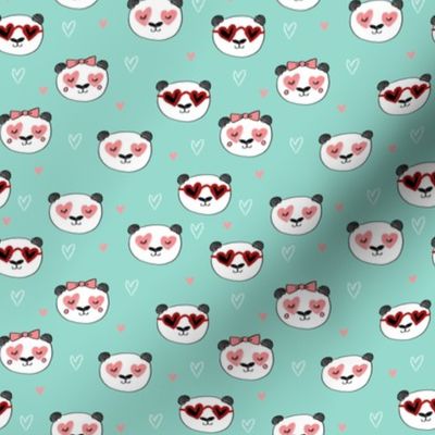 SMALL - panda valentines // love panda head hearts animal valentine's day fabric mint