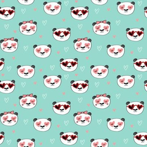SMALL - panda valentines // love panda head hearts animal valentine's day fabric mint