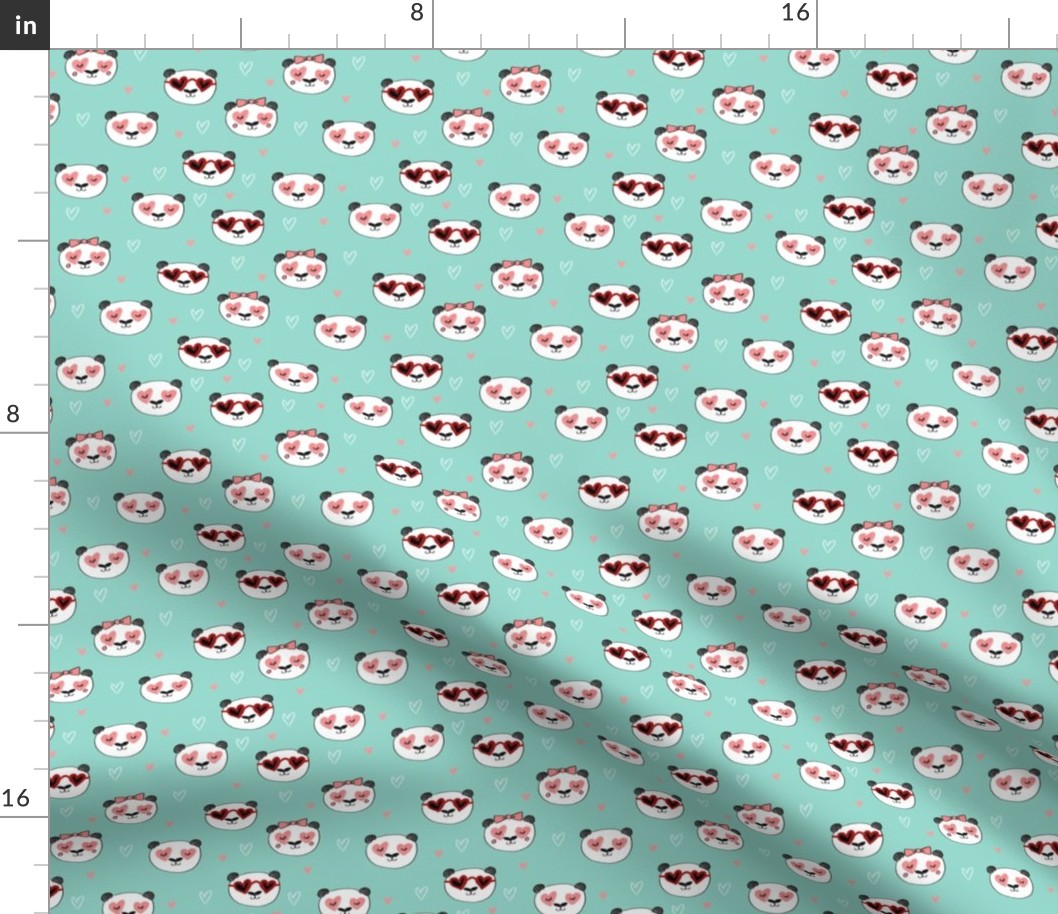 SMALL - panda valentines // love panda head hearts animal valentine's day fabric mint