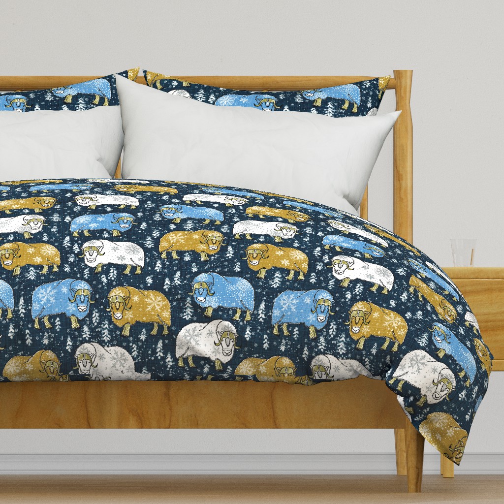 Wintery Mustard-Blue Musk-Oxen on navy linen