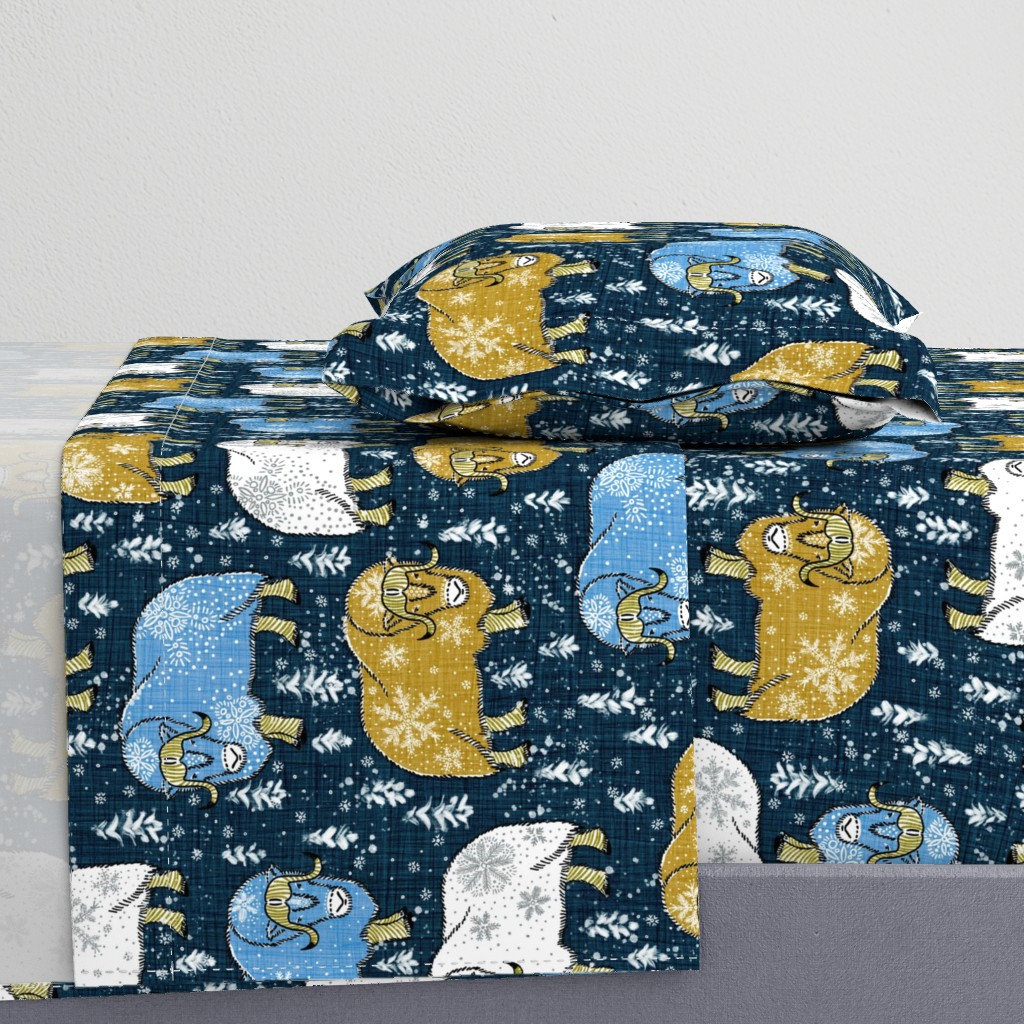 Wintery Mustard-Blue Musk-Oxen on navy linen