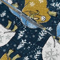 Wintery Mustard-Blue Musk-Oxen on navy linen