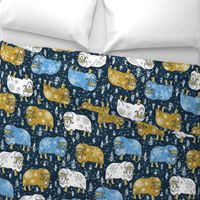 Wintery Mustard-Blue Musk-Oxen on navy linen