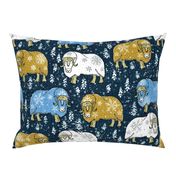 Wintery Mustard-Blue Musk-Oxen on navy linen