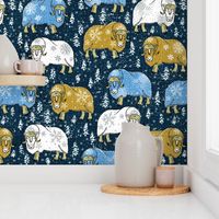 Wintery Mustard-Blue Musk-Oxen on navy linen