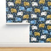 Wintery Mustard-Blue Musk-Oxen on navy linen