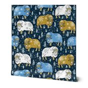 Wintery Mustard-Blue Musk-Oxen on navy linen