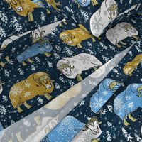 Wintery Mustard-Blue Musk-Oxen on navy linen