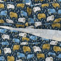 Wintery Mustard-Blue Musk-Oxen on navy linen