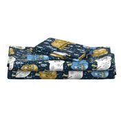 Wintery Mustard-Blue Musk-Oxen on navy linen