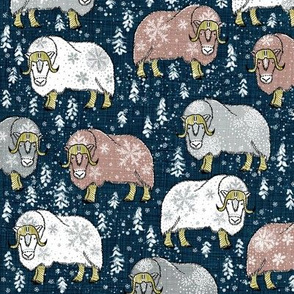 Wintery Latte-grey Musk-Oxen on navy linen