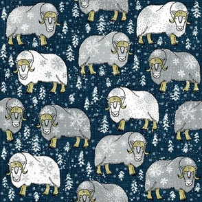 Wintery Grey-White Musk-Oxen on Pantone navy linen