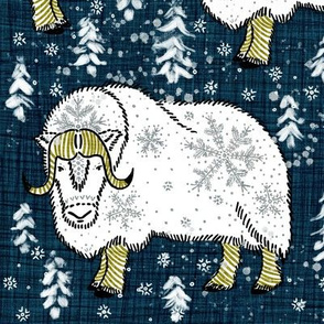 Wintery White Musk-Oxen on Pantone navy linen