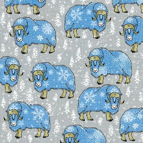 Wintery Blue Musk-Oxen on silver grey