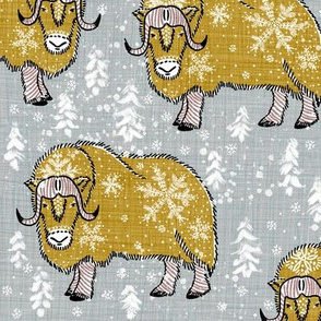 Wintery Mustardy Musk-Oxen on silver grey